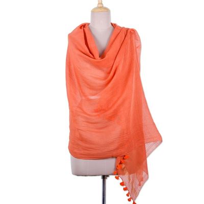 Alternate image for Ginger-Toned Cotton and Silk Blend Shawl with Tassels Ginger Pleasure