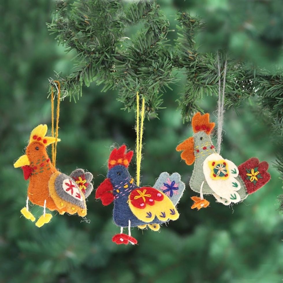 Handmade Wool Felt Ornaments Set of 3 'Three French Hens'