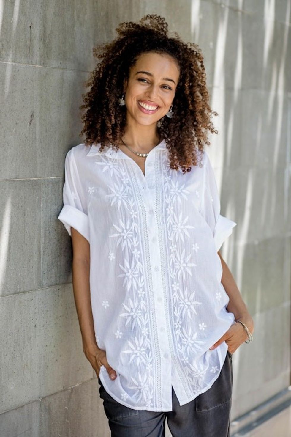 Chikankari Embroidered White Button Front Blouse 'Festive White'