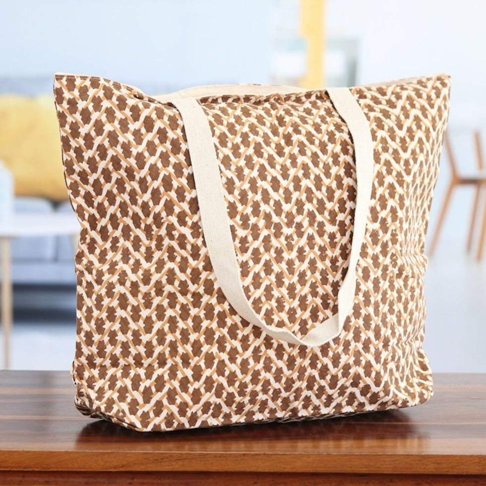 Cotton Tote Bag with Block-Printed Modern Design in Sepia 'Sepia Ties'