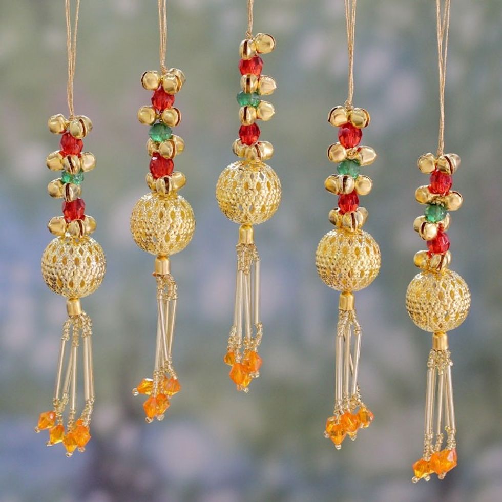 Set of 5 Handcrafted Beaded Brass Bell Christmas Ornaments 'Jingle Bells'
