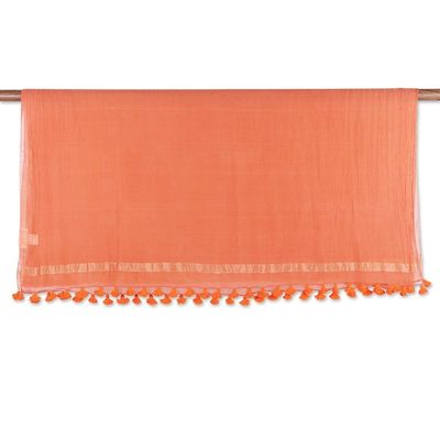 Alternate image for Ginger-Toned Cotton and Silk Blend Shawl with Tassels Ginger Pleasure