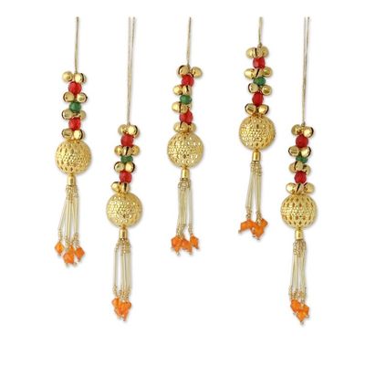Alternate image for Set of 5 Handcrafted Beaded Brass Bell Christmas Ornaments Jingle Bells