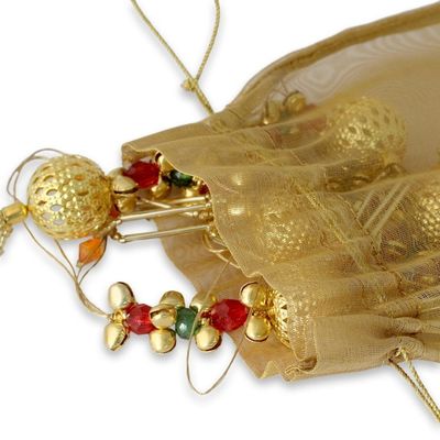 Alternate image for Set of 5 Handcrafted Beaded Brass Bell Christmas Ornaments Jingle Bells