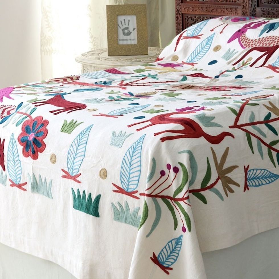 Animal Themed Twin Bedspread Hand Woven in India 'Jungle Frolic'