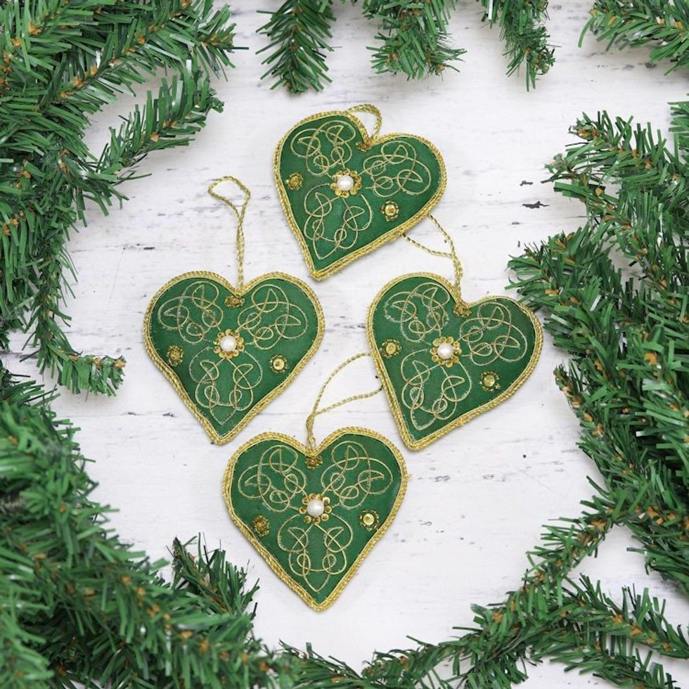 Four Heart-Shaped Beaded Ornaments in Green from India 'Green Hearts'