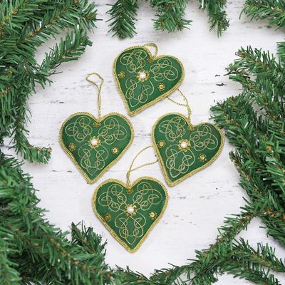 Alternate image for Four Heart-Shaped Beaded Ornaments in Green from India Green Hearts