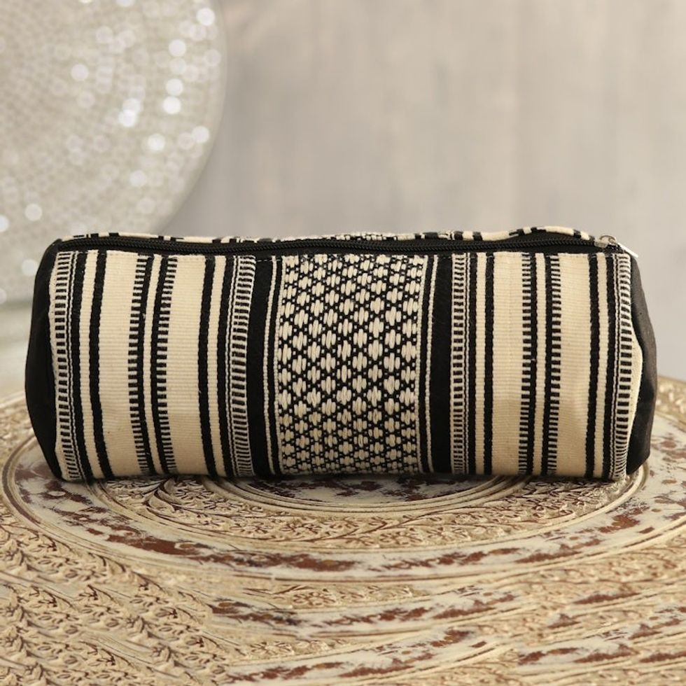 Alabaster and Black Cotton Cosmetic Bag from India 'Alabaster Stars'