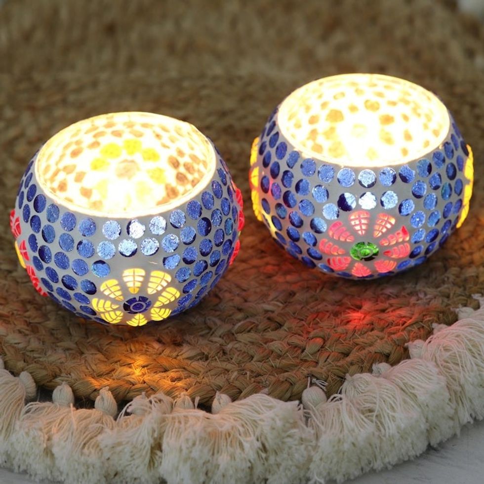 Blue Glass Mosaic Tealight Candleholders Pair 'Royal Light'