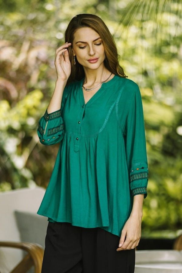 Alternate image for Embroidered Green Viscose Tunic Viridian Beauty