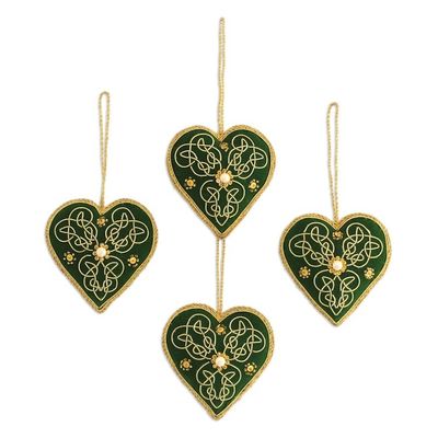 Alternate image for Four Heart-Shaped Beaded Ornaments in Green from India Green Hearts