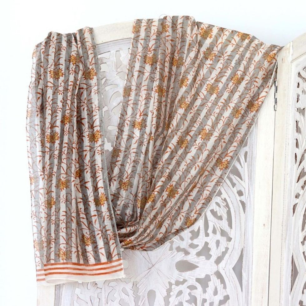 Screen Printed Striped Chanderi Cotton Scarf 'Caramel Flowers'