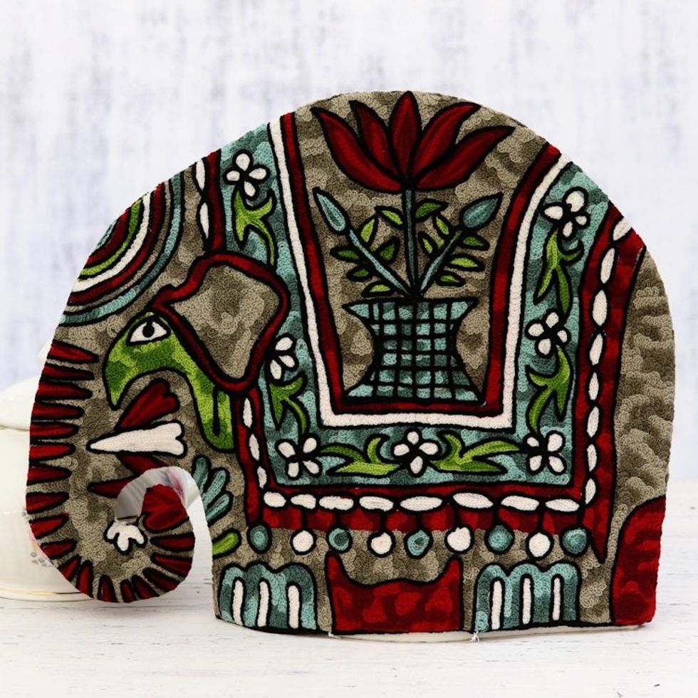 Indian Chain Stitched 100 Wool and Cotton Elephant Tea Cozy 'Marching Elephant in Red'