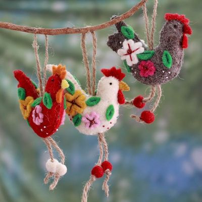 Alternate image for Handcrafted Wool Felt Ornaments from India set of 3 Three French Hens