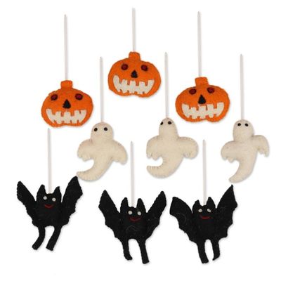 Alternate image for Wool Felt Halloween Ornaments from India Set of 9 Halloween Charm