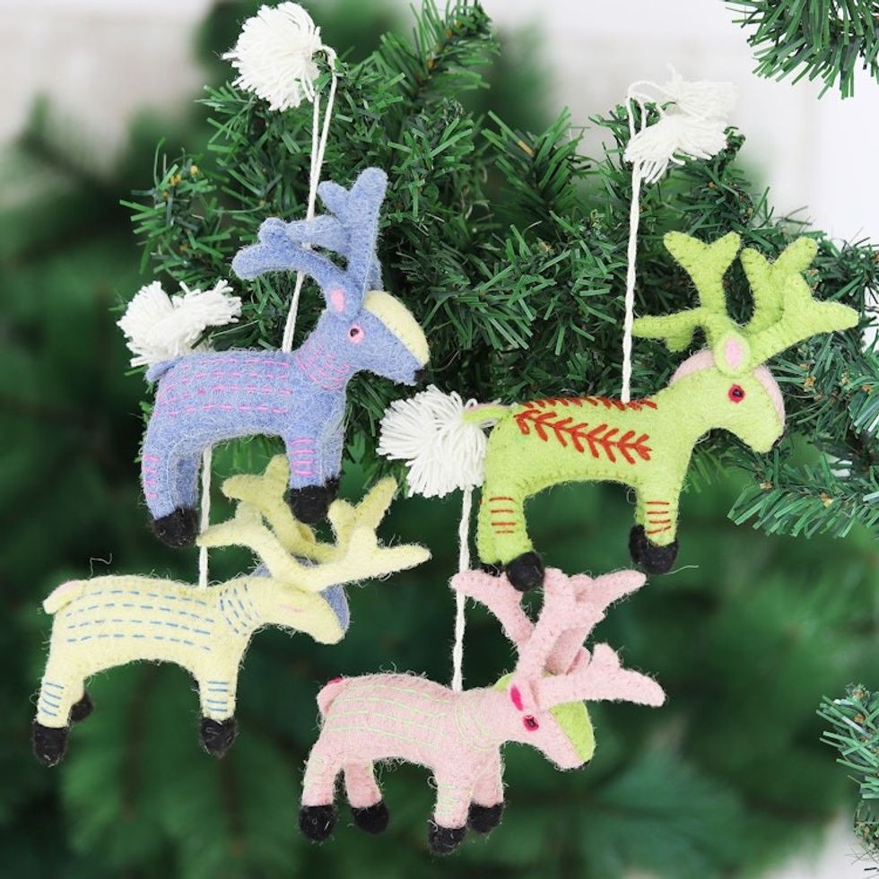Set of 4 Wool Felt Holiday Reindeer Ornaments 'Reindeer Games'