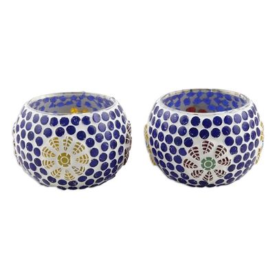 Alternate image for Blue Glass Mosaic Tealight Candleholders Pair Royal Light