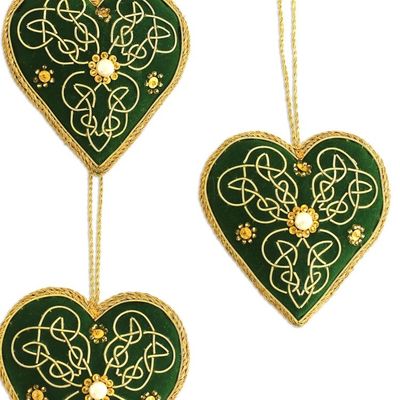 Alternate image for Four Heart-Shaped Beaded Ornaments in Green from India Green Hearts