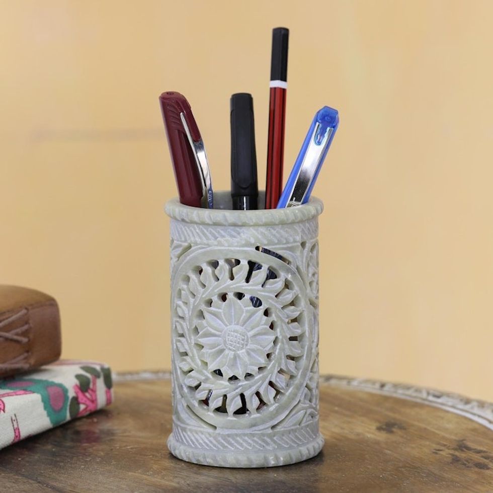 Hand Made Soapstone Floral Pen Holder 'Botanical Fantasy'