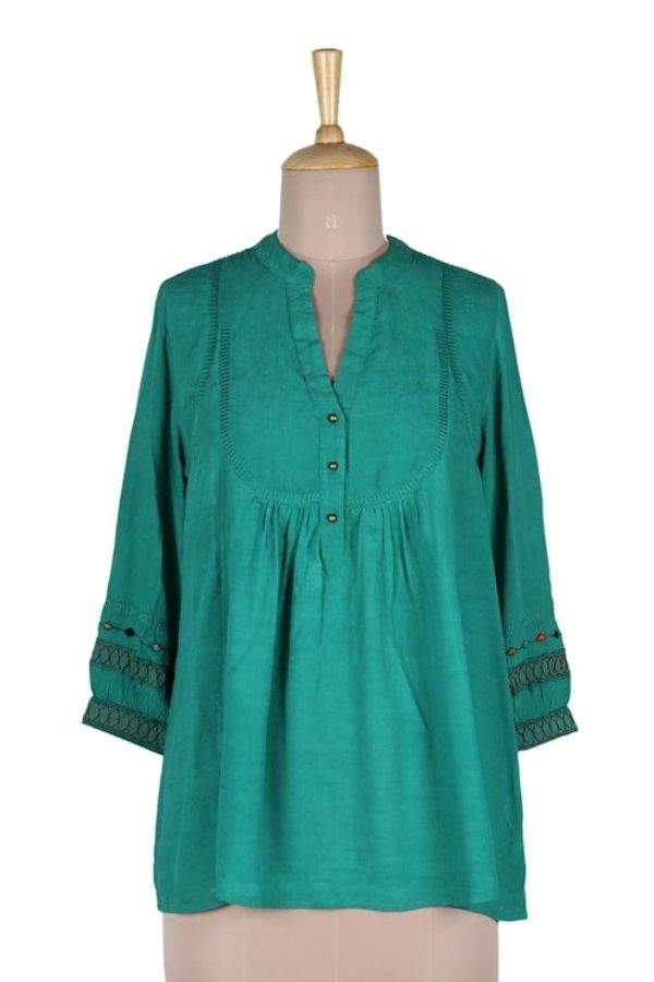Alternate image for Embroidered Green Viscose Tunic Viridian Beauty