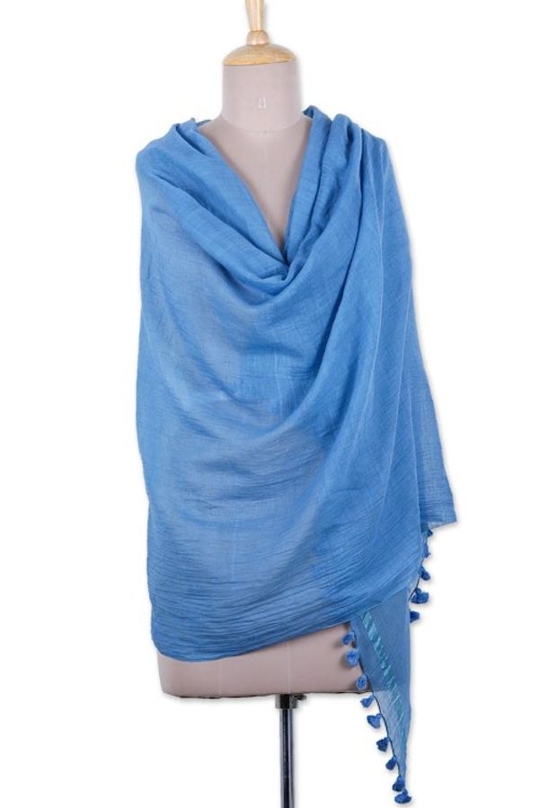 Alternate image for Peacock-Toned Cotton and Silk Blend Shawl with Tassels Peacock Pleasure