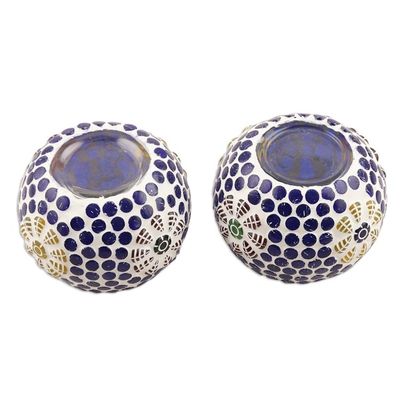 Alternate image for Blue Glass Mosaic Tealight Candleholders Pair Royal Light