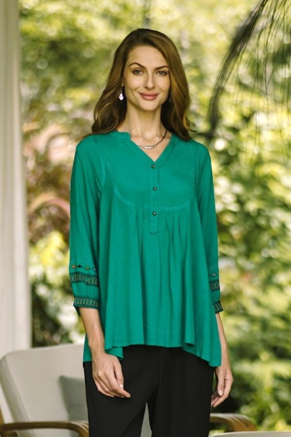 Alternate image for Embroidered Green Viscose Tunic Viridian Beauty