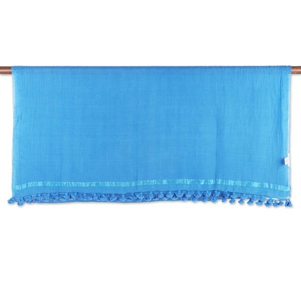 Alternate image for Peacock-Toned Cotton and Silk Blend Shawl with Tassels Peacock Pleasure