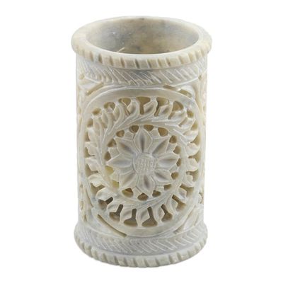 Alternate image for Hand Made Soapstone Floral Pen Holder Botanical Fantasy