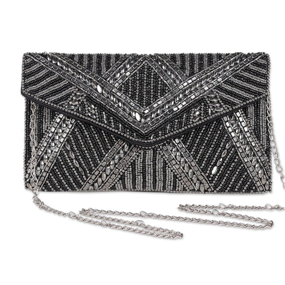 Metallic and Black Beaded Evening Handbag from India 'Gleaming Glamour'