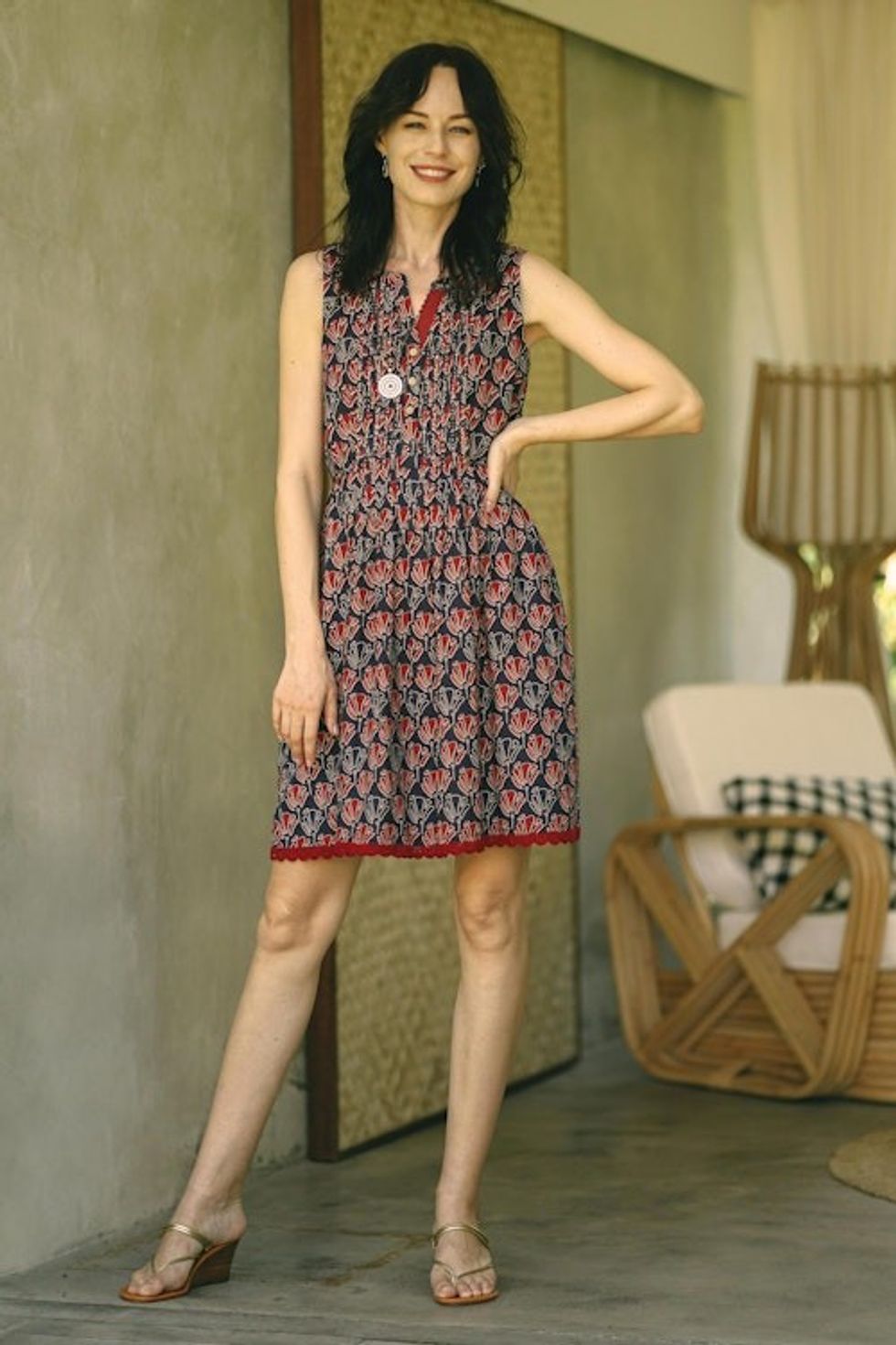 Blue and Red Print A-Line Cotton Dress 'Tulip Delight'