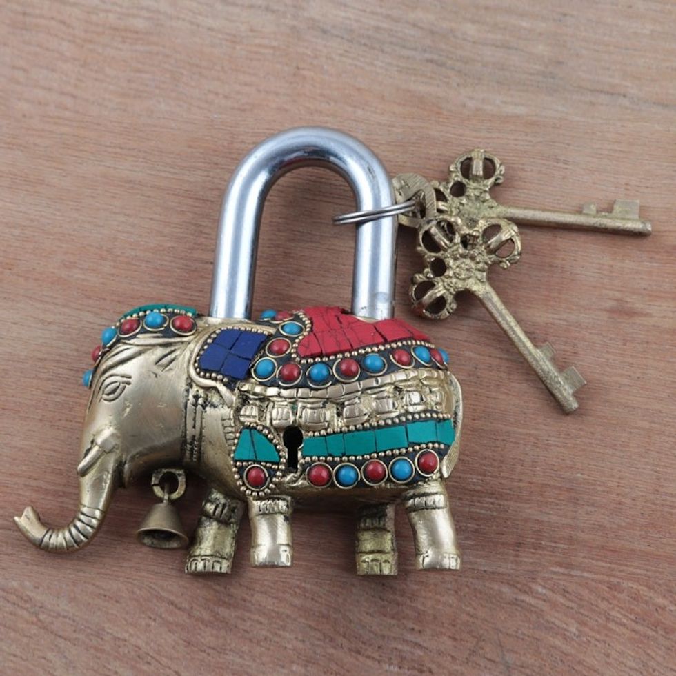 Artisan Crafted Brass Elephant Lock and Key Set 'Festive Elephant'