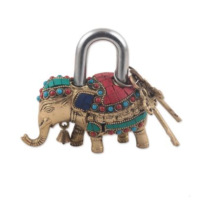 Alternate image for Artisan Crafted Brass Elephant Lock and Key Set  Festive Elephant