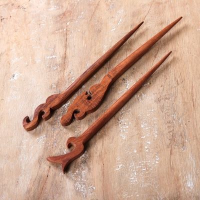 Alternate image for Set of 3 Hand-Carved Natural Brown Mango Wood Hairpins Palatial Grace