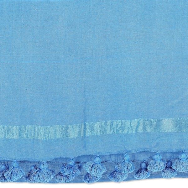 Alternate image for Peacock-Toned Cotton and Silk Blend Shawl with Tassels Peacock Pleasure