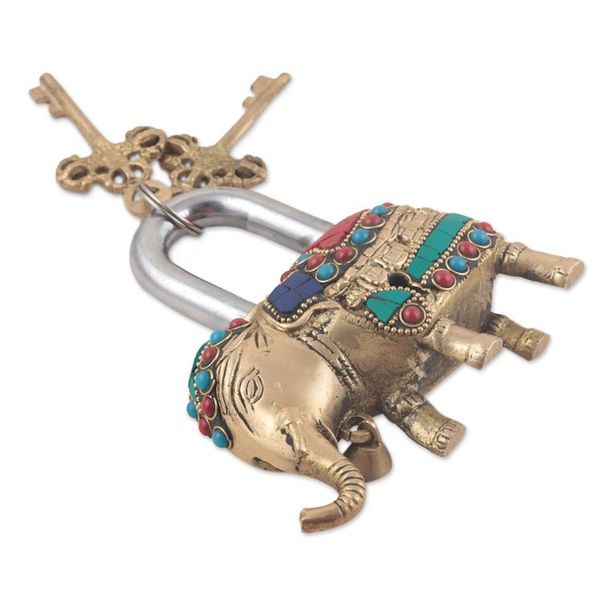 Alternate image for Artisan Crafted Brass Elephant Lock and Key Set  Festive Elephant