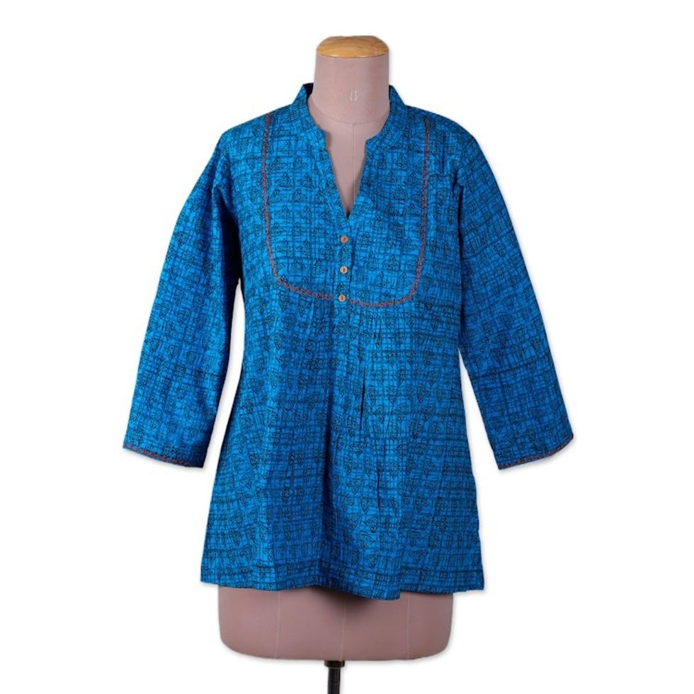 Block-Printed Patterned Blue Cotton Tunic from India 'Magical Spring'