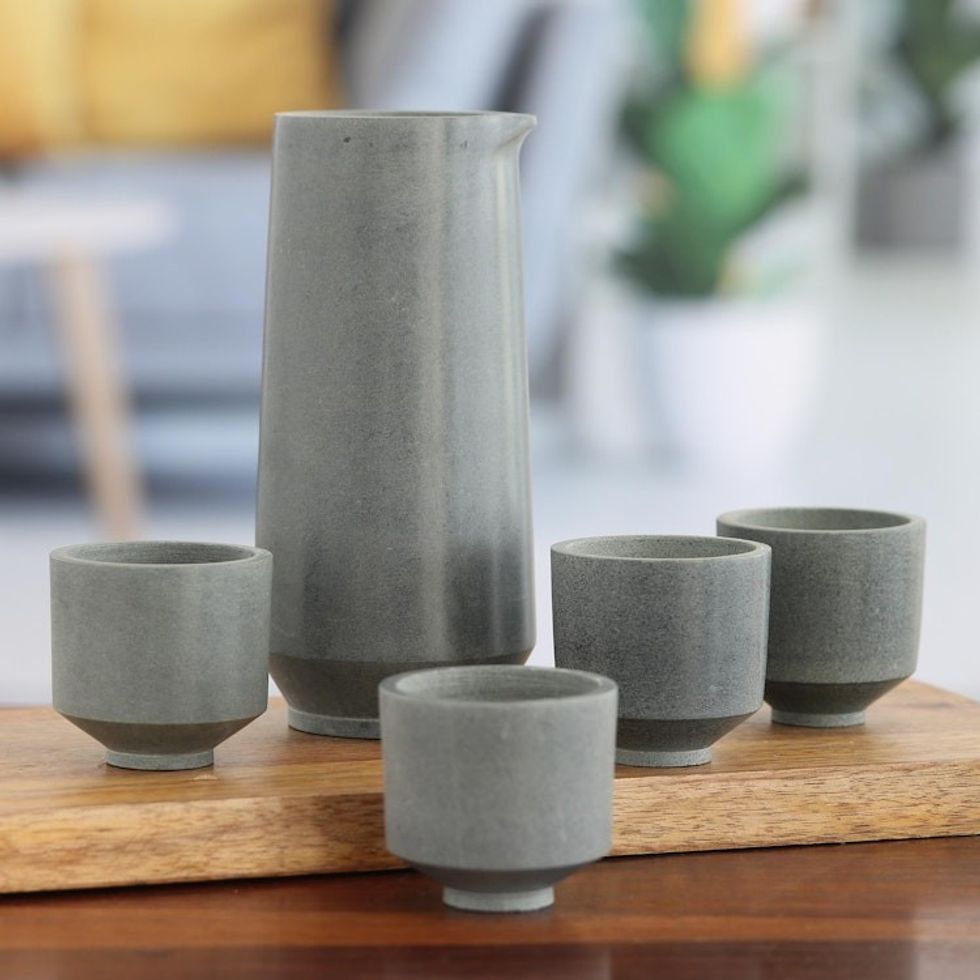 5-Piece Sake Set of Decanter and Cups in Grey From India 'Tokyo Toast'