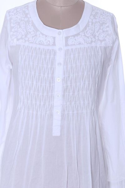 Alternate image for Long Sleeve Floral White Blouse Hand Embroidered in India Classic Snowy White