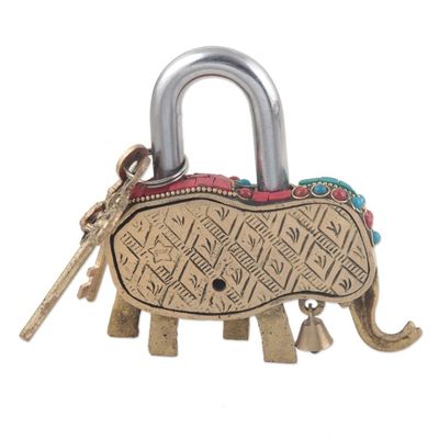 Alternate image for Artisan Crafted Brass Elephant Lock and Key Set  Festive Elephant