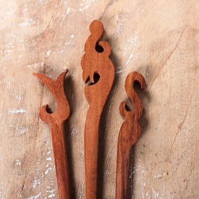 Alternate image for Set of 3 Hand-Carved Natural Brown Mango Wood Hairpins Palatial Grace