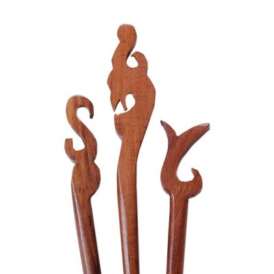 Alternate image for Set of 3 Hand-Carved Natural Brown Mango Wood Hairpins Palatial Grace
