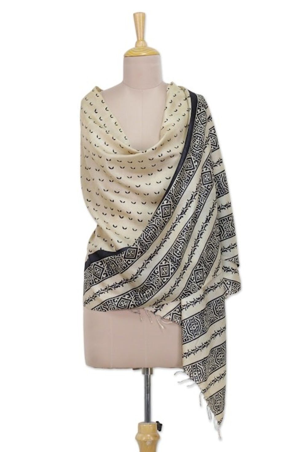 Hand Woven Striped Indian Silk Shawl in Ivory and Coal Black 'Midnight Flock'