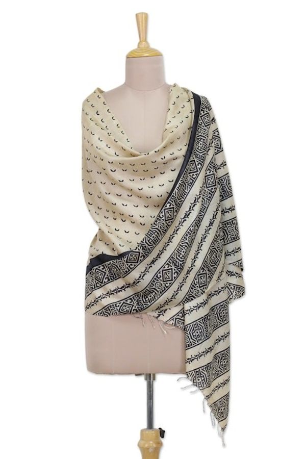 Alternate image for Hand Woven Striped Indian Silk Shawl in Ivory and Coal Black Midnight Flock