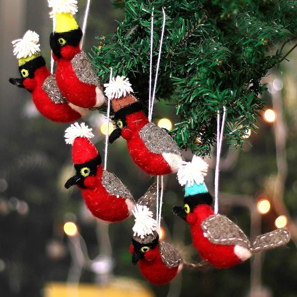 Set of 6 Wool Felt Red Bird Ornaments Handcrafted in India 'Holiday Sonata'