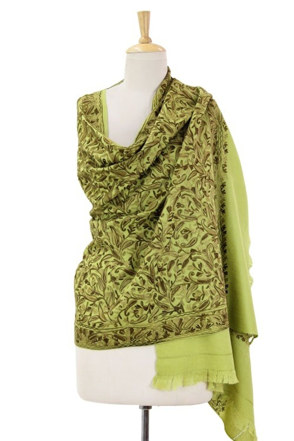 Green Chain Stitch Embroidery India Wool Shawl 'Floral Greenery'