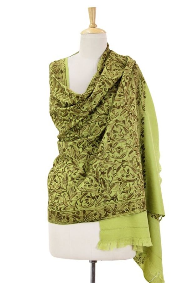 Alternate image for Green Chain Stitch Embroidery India Wool Shawl Floral Greenery