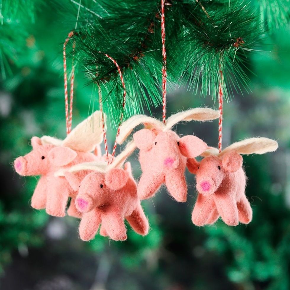 Set of 4 Handcrafted Wool Felt Pig Ornaments from India 'Flying Piggies'