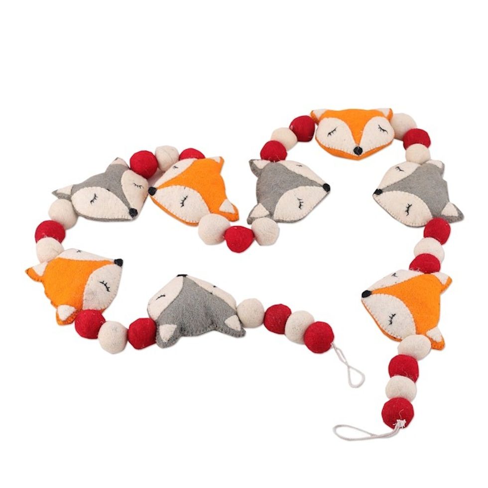 Fox-Themed Red and White Wool Felt Garland from India 'Fox Spirit'