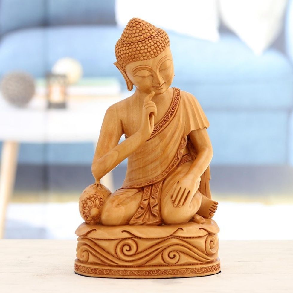 World Peace Project Wood Sculpture Hand-Carved in India 'Buddha in Peace'